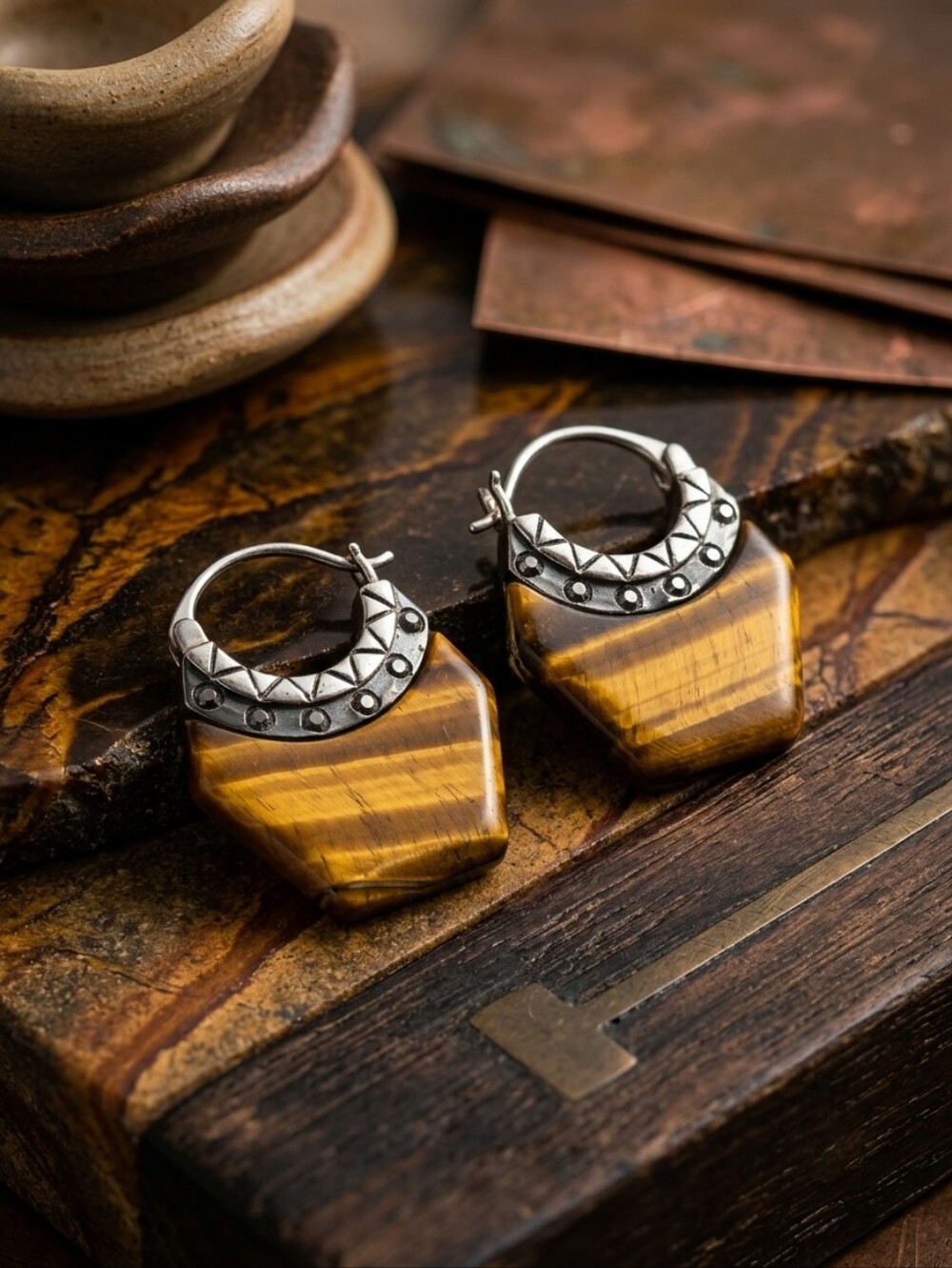 Tiger's Eye Geometric Hoop Stainless Steel Dangle Earrings Boho Earthy Luxe